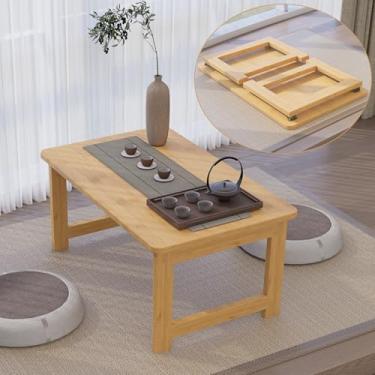 Imagem de OETPJM Mesa de chão japonesa, mesa de centro dobrável de bambu, mesa de chá de tatame japonês portátil de madeira maciça, sem montagem, mesa de jantar japonesa para sentar no chão, fácil armazenamento
