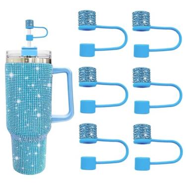 Imagem de JIASHEBDE Conjunto de acessórios para Stanley Cup, 6 peças, capa de canudo de diamante brilhante, tampa de canudos para Stanley 30 e 1,134 g com copos, acessórios de tampa de 1 cm para copo (azul, 6