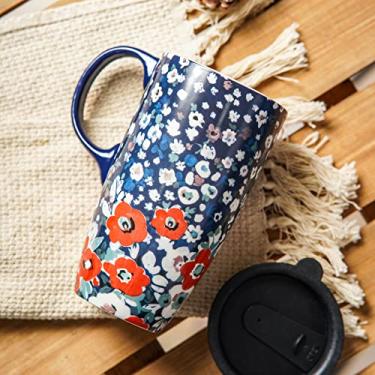 Imagem de Topadorn Caneca de viagem de café de cerâmica com tampa e alça, reutilizável de 500 ml, presente para amantes de café, seguro para micro-ondas e lava-louças, flores