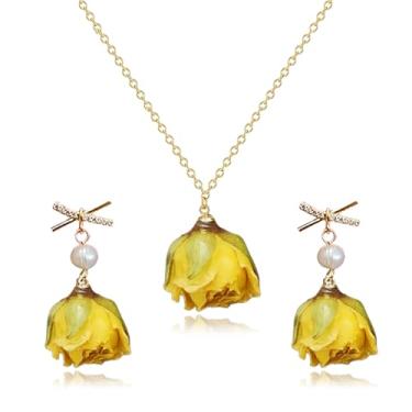 Imagem de RLHRNDE Conjunto de brincos de flor de rosa natural para mulheres, feito à mão, resina, fundição, vermelho, amarelo, flor, laço exclusivo de strass brilhante, flor de pérola, brincos pendentes para o