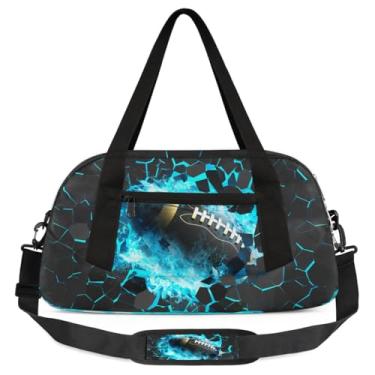 Imagem de Bolsa de viagem de academia para meninos – Bolsa infantil de fim de semana com bolso frontal com zíper para prática escolar, bolsas de mão para adolescentes, Bola de futebol 3D azul, Esportivo
