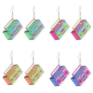Imagem de 4 pares de brincos de fita cassete vintage dos anos 80 anos 90 para mulheres, pingente geométrico retrô para roupas dos anos 80, cosplay, festa musical, acessórios dos anos 70, 80, 90, Zinco, Sem