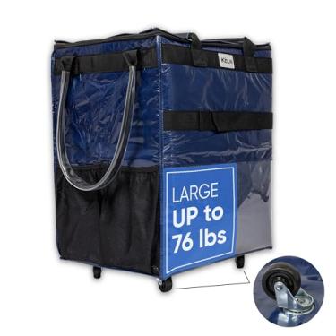 Imagem de KELN Sacola com rodinhas – Carrinho de compras dobrável com fecho de zíper – Bolsa de compras dobrável resistente com alça – Organizador de viagem à prova d'água – carrega até 30 kg – azul