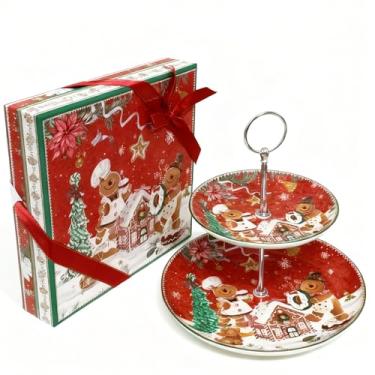 Imagem de Prato redondo vermelho de porcelana de 2 camadas para bolo de frutas de Natal com caixa de presente, bandeja de confeitaria de cerâmica, conjunto de pratos para sobremesa, aperitivo, buffet de doces