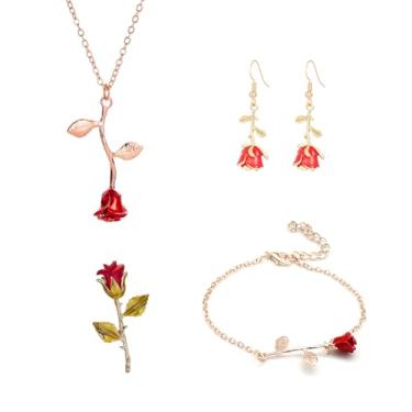Imagem de QLUYCKW Conjunto de 3 a 4 peças de joias de rosas vermelhas para mulheres delicadas na moda colar com pingente de flor vintage flor verde pulseira pingente brincos de casamento dia dos namorados joias