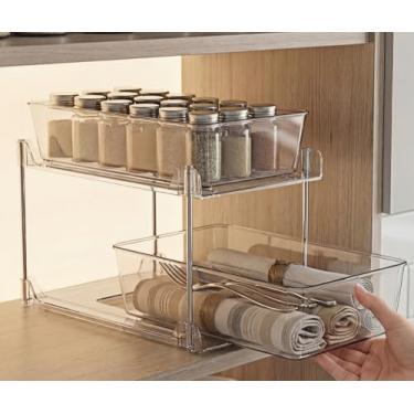 Imagem de Organizadores e armazenamento de banheiro, 2 camadas transparente sob a pia e organizador de armário com faixa para cozinha, despensa, bancada de toucador, armário de remédios, caixas de gavetas de
