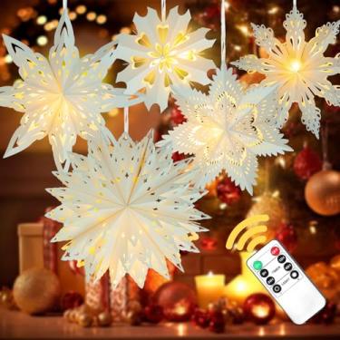 Imagem de Pacote com 5 lanternas de floco de neve de papel de Natal, lanterna de estrela de papel de Natal com luz LED branca enfeites de lâmpada pendurada para árvore de Natal, Ano Novo, inverno, casamentos