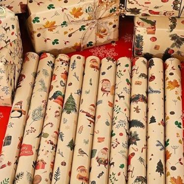 Imagem de 50 * 70 cm Papel de embrulho de presente de Natal retrô DIY Natal Ano Novo papel de embalagem, padrão aleatório (2 peças)