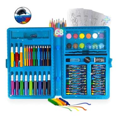 Imagem de Estojo Maleta Escolar Pintura Infantil 68 Peças Canetinha Az