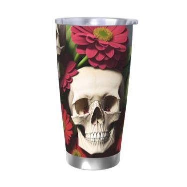 Imagem de Zeraoke Caneca de aço inoxidável com estampa de caveira e flor, 590 ml, caneca de canudo de carro, mantém as bebidas frias para escritório, casa, funciona muito bem para bebidas geladas, bebidas