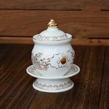 Imagem de FENNYYAR Copo de abastecimento de água com padrão de dragão duplo de cerâmica, 12 cm 4,7 polegadas, oferecendo ornamento frontal de Buda copo de água de Buda