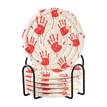 Imagem de STAYTOP 6 peças de porta-copos de bebida com suporte, porta-copos absorvente de algodão de palma vermelha de sangue para decoração de mesa de café, acessórios de bar