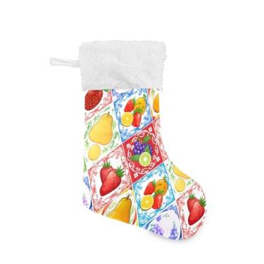 Imagem de Wassud Meia de Natal fofa com punho branco frutas coloridas 45,7 cm grande para decoração de lareira e cornija 1 pacote