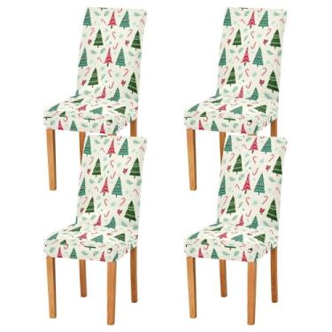 Imagem de Wassud Capa de cadeira elástica de árvore de Natal para jantar capa de cadeira de cozinha lavável protetor de assento conjunto de 4