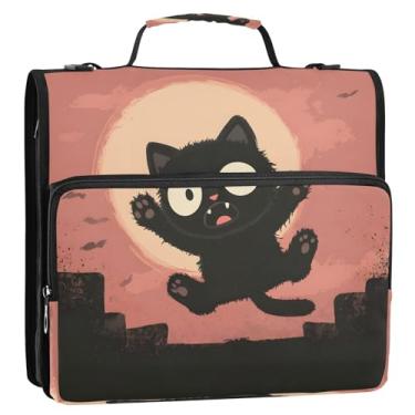 Imagem de CEBUGI Fichário de 3 anéis com zíper com alça de ombro, pasta de arquivo expansível de 3,8 cm, anéis D, para escola, escritório, gato preto