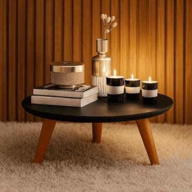 Imagem de Mesa de centro redonda em PVC estilo retrô com pés em formato de fuso, ideal para decoração de salas de estar modernas(Preto/Caramelo)