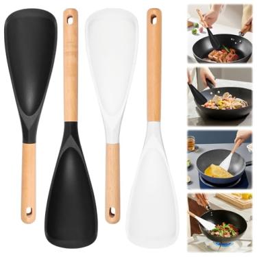 Imagem de Espátula multifuncional, colher de cozinha, 2 em 1, de silicone antiaderente com cabo de madeira, colher de espátula resistente ao calor para panelas antiaderentes, misturar, colher, refogar e raspar
