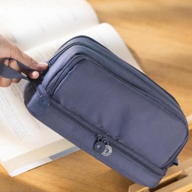 Imagem de Lápis de grande capacidade, bolsa de lápis fofa para escola, escritório em casa, com 2 bolsos de malha e alça de fácil aderência, organizador de papelaria para estudantes artistas (azul escuro)