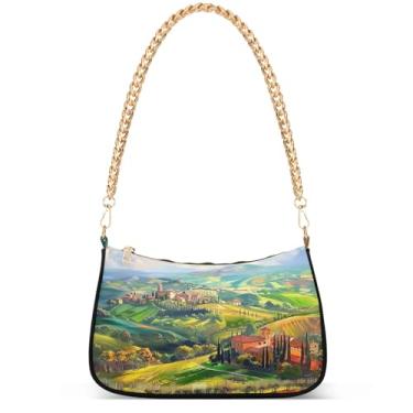 Imagem de Flamingos Beach Aquarela Bolsa feminina Hobo Party Purses Womens Evening Handbag Chain Ladies Shoulder Bag, Paisagem de pintura do campo toscano