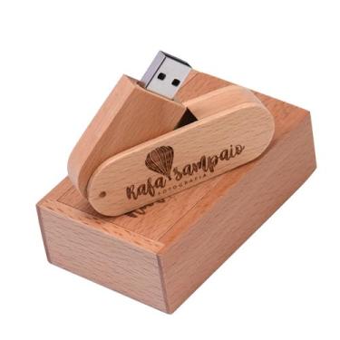 Imagem de Pen drive USB de madeira personalizado, pen drive giratório de bambu, presente promocional para clientes empresariais, eventos corporativos, lembrancinhas de casamento, com caixa de presente gravada
