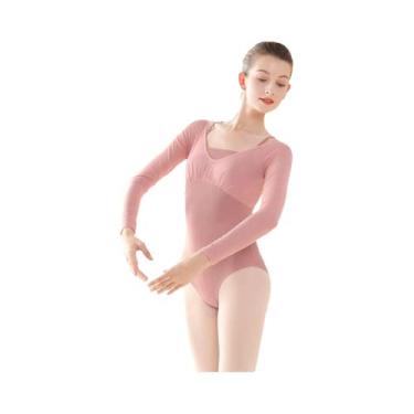 Imagem de Collant de balé feminino de manga curta, body de dança rosa para ginás