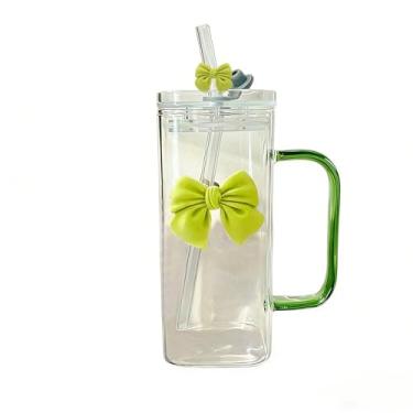 Imagem de Copo de vidro quadrado com tampas e canudos, copo de vidro resistente ao calor com alça e laço transparente para água, suco, café gelado, leite, chá