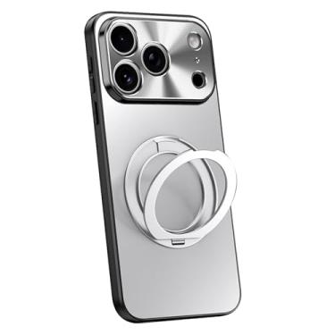 Imagem de POYUFRG Capa magnética para iPhone 17 Pro Max/17 Pro/17 Air/17, capa fina galvanizada fosca com suporte de anel giratório capa de proteção de lente de metal, prata, 17