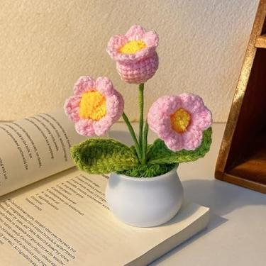 Imagem de Flor de crochê feita à mão em vaso branco, material de fio textura decorativa planta, decoração de mesa, decoração de casa, lírio rosa