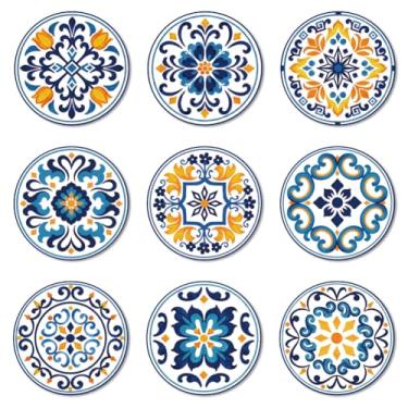 Imagem de ANATTASOUL Conjunto de 9 porta-copos para copos de madeira coloridos com flores Talavera, presente de inauguração de casa redonda para casa nova, proteção de mesa de centro decorativa de 9,9 cm para