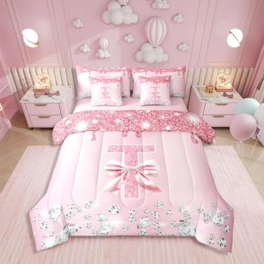 Imagem de Erosebridal Lindo conjunto de edredom com laço rosa com lençóis, conjunto de cama casal com inicial em T personalizado para meninos e meninas, 7 peças, conjunto de cama com monograma de diamante com