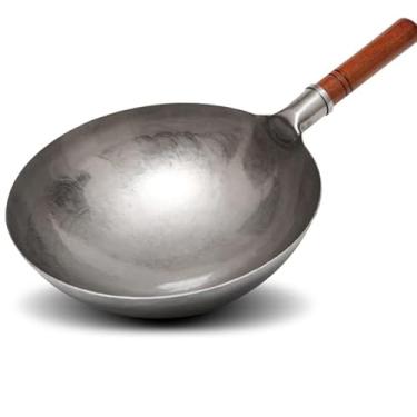 Imagem de Conjuntos de panelas Wok de ferro martelado à mão Wok tradicional não revestido com cabo de madeira destacável panela de cozinha panelas (cor: D, tamanho: 34 cm)