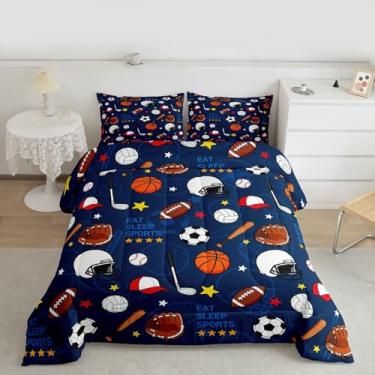 Imagem de Feelyou Conjunto de edredom esportivo para meninos, beisebol, basquete, futebol, tamanho infantil, com 1 fronha, edredom de microfibra e bola de microfibra macio