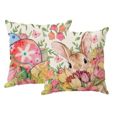 Imagem de ZAEW Conjunto de 2 capas de almofada em aquarela de coelho, ovos, tulipas flores, coelhos, Páscoa, conjunto de 2 capas de almofada para sofá, casa de fazenda, decoração de festa, férias, 45,7 x 45,7