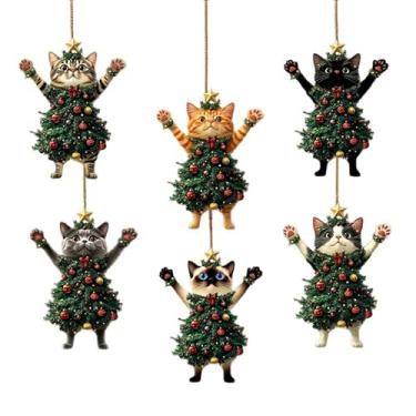 Imagem de Enfeites de árvore de Natal de gato de madeira, design plano 2D, 8 cm de altura, conjunto de 6 peças, pingentes decorativos para pendurar no feriado com barbante natural para casa