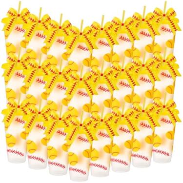 Imagem de Skylety 24 conjuntos de copos de plástico de softbol com tampa e gravatas-borboleta de palha 680 g copos de plástico reutilizáveis com tema de bola presentes esportivos para fãs amigos bola de