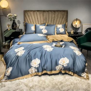 Imagem de Jogo de cama macio e sedoso com estampa floral refrescante de verão, capa de edredom e lençol, estilo 3, tamanho Queen (200x230cm), 4 peças