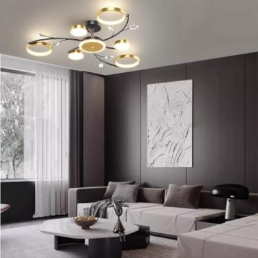 Imagem de Lustre de cristal com dimerização ilimitada, luminária de teto grande em metal com cúpula de acrílico, para sala de estar, sala de jantar e quarto, 3000k-6000k, lustre de cristal (6+1)