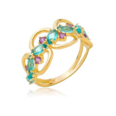 Imagem de Anel em Prata 925 Círculos com Zircônias Paraíba e Ametista Dourado - 