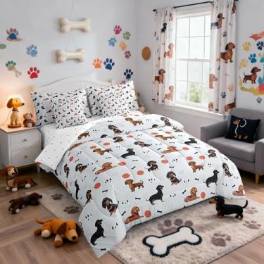 Imagem de Jogo de cama King com desenho animado de cachorrinho, preto, marrom, animal, para crianças, meninos e meninas (lençol de cima, 2 fronhas, 2 fronhas) 7 peças