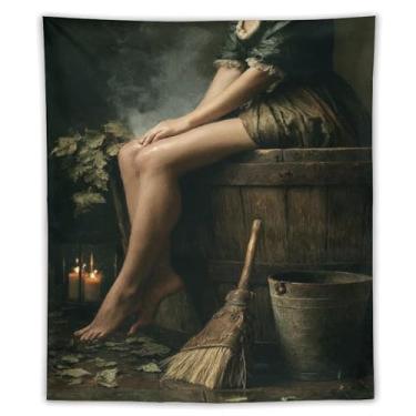 Imagem de Tapeçaria mística vintage mulher em barril vassoura lanterna folhas caídas decoração de parede assustadora sala de estar quarto decoração de casa enfeite exclusivo têxtil pendurado 127 x 152 cm
