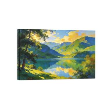 Imagem de Impressão em tela de paisagem de arte de parede - nuvens de árvore de lago de montanha - quadros de pintura de decoração para sala de estar pronta para pendurar tela emoldurada 60 x 90 cm 24 x 35 pol