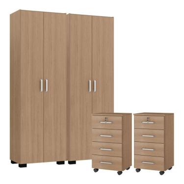 Imagem de Kit 2 Gaveteiros Para Escritório Gávea Com Chave E 2 Livreiros Office Com Portas Grandes Freijó Fosco - Móveis Leão