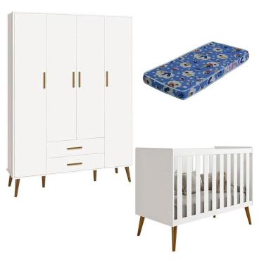 Imagem de Berço Americano E Guarda Roupa Infantil 4 Portas Isis Branco Acetinado Com Colchão Ortobom - Reller