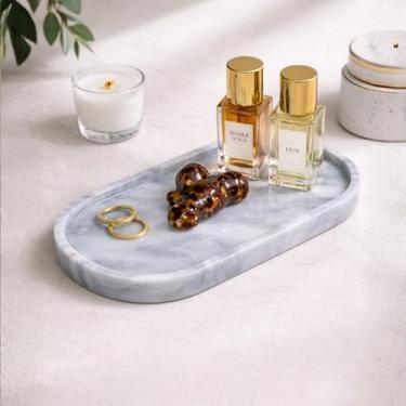 Imagem de Bandeja oval de mármore cinza Carrara – Bandeja de mármore cinza de 30,5 x 15,2 cm para bancada, perfume e exibição de joias | Bandeja de pedra sólida de 2 cm de espessura