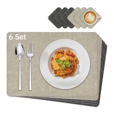 Imagem de Conjunto de 6 jogos americanos e porta-copos KitchenBoss antiderrapantes, tapetes de mesa de jantar antiderrapantes, à prova d'água, resistentes ao calor, para mesas de jantar e mesas, bege