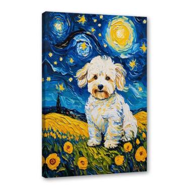 Imagem de Pintura a óleo floral colorida abstrata Van-Gogh Dog Starry Night Pôster em tela de arte de parede impressões engraçadas de animais para decoração de casa e sala de estar de casa de fazenda