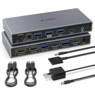 Imagem de Displayport KVM Switch 2 monitores 2 computadores, saída DP HDMI 4K a 60Hz KVM Switcher com 4 portas USB para 2 computadores DP compartilham dois monitores HDMI, inclui controlador de mesa e adaptador