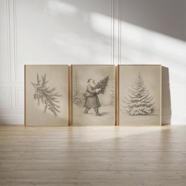 Imagem de Conjunto de 3 impressões de arte de parede vintage de Natal, pintura em tela, desenho de Papai Noel, pintura em tela de inverno, arte emoldurada para decoração de sala de estar com moldura interna