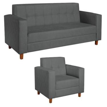 Imagem de Kit Sofá 2 Lugares e Poltrona Denver Suede - Doce Sonho Móveis, Cinza
