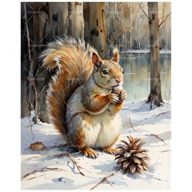 Imagem de Kit de pintura de animais selvagens por números para adultos – DIY pintura de esquilo na floresta nevada em tela, conjunto de tinta acrílica, adequado para iniciantes, arte para decoração de casa ou